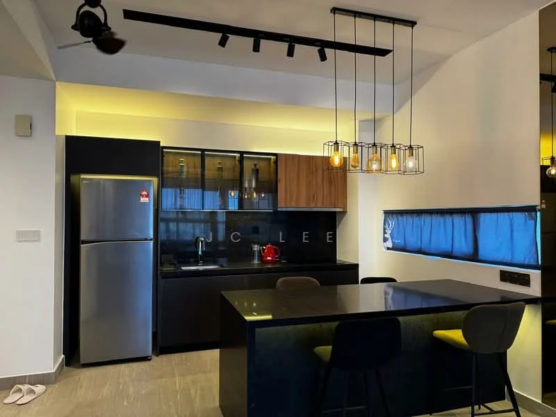 Kitchen features: black granite countertop, wood cabinetry in light brown, black lower cabinets, stainless-steel fridge, built-in oven, stainless-steel sink, chrome pull-down faucet, pendant lighting with multiple bulbs, recessed downlights, bar stools, grey tile flooring, blue window treatments; style: modern.