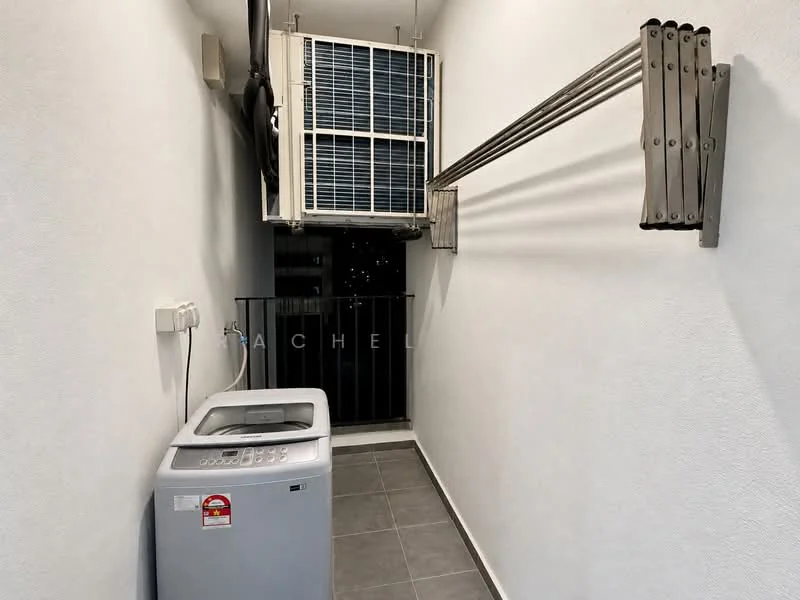 Laundry features: washing machine, wall-mounted split AC, metal drying rack, grey tile flooring, white painted walls, balcony with railing.