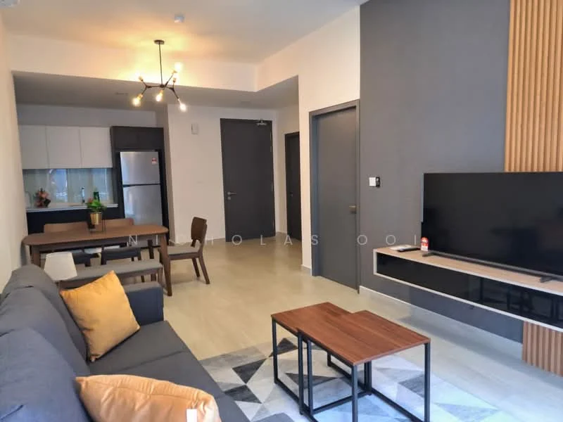 Living features: grey fabric sofa, wood coffee table, wood dining table, 4 dining chairs, wall-mounted TV, TV console, pendant light fixture, light-colored laminate flooring, white painted walls, grey accent wall, recessed downlights, floor-to-ceiling windows, kitchenette with white cabinets, stainless-steel fridge; style: modern.