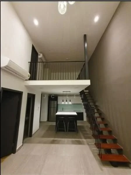 Living features: high ceiling, staircase with wooden steps and metal railing, air conditioning unit, recessed downlights, large windows, open-plan layout, neutral wall color, tile flooring; style: modern. Kitchen features: island countertop with seating, stainless-steel sink, modern cabinetry, pendant lighting above island, open layout to living area; style: modern.