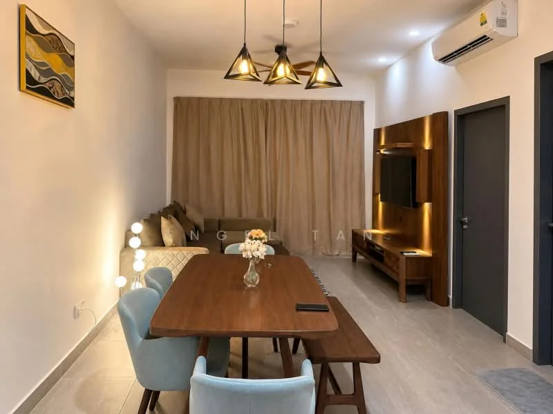 Living features: 3-seater fabric sofa in beige, 2-seater fabric sofa in light grey, wooden coffee table, TV console with wall-mounted TV, pendant lighting with multiple bulbs, floor lamp with spherical design, curtains in light brown, wall-mounted air conditioning unit, light grey tiled flooring, decorative wall art, wooden side table; style: modern. Dining features: 6-seater wooden dining table, upholstered dining chairs in light blue, decorative vase with flowers, smartphone on the table; style: modern.