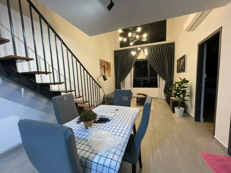 Dining features: dining table with checkered tablecloth, 4 upholstered dining chairs in grey, pendant light fixture, large window with dark curtains, indoor plant in pot, light grey tiled flooring, wall-mounted air conditioning unit, decorative artwork on walls; style: modern; view: city. Living features: staircase with wooden steps and black railing, sofa or seating area visible, floor lamp, decorative wall art; style: modern; view: city.