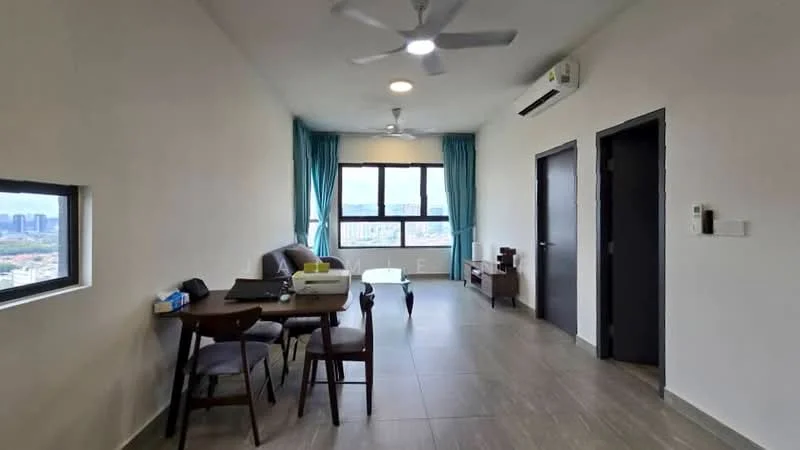 Living features: grey tiled flooring, white painted walls, 5-blade ceiling fan with light, floor-to-ceiling windows, curtains in teal, sofa in dark color, wooden dining table, 4 dining chairs, wall-mounted air conditioning unit, side table, decorative wall panel; style: modern; view: city.