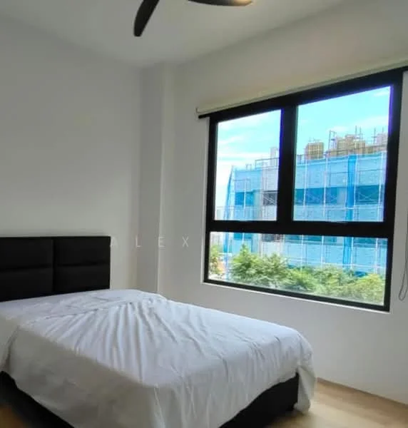 Bedroom features: queen-size bed, upholstered headboard, floor-to-ceiling window, blackout curtains, light wood flooring, ceiling fan, white walls, decorative wall with no visible features; style: modern; view: city.