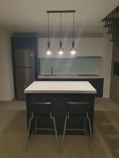 Kitchen features: island kitchen with white countertop, black cabinetry, stainless-steel fridge, single-bowl stainless-steel sink, chrome pull-down faucet, glass backsplash, 3 pendant lights above island, tile flooring, open layout, wall-mounted cabinets; style: modern.