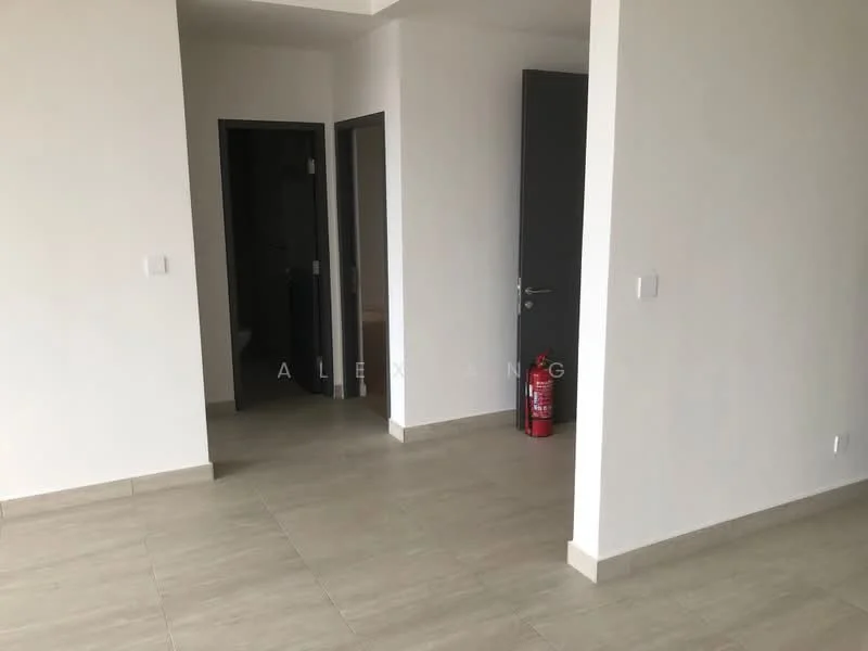 Room features: white painted walls, light grey floor tiles, doorway leading to another room, fire extinguisher, corner of a wall, no visible furniture or decor; style: modern.