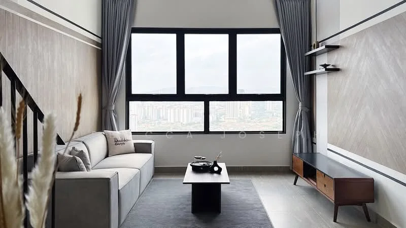 Living features: 3-seater fabric sofa in light grey, wooden coffee table, black TV console with wooden legs, floor-to-ceiling windows, grey curtains, decorative wall shelves, textured wall panels, area rug with neutral color, decorative vase with dried plants, city view from window; style: modern; view: city.