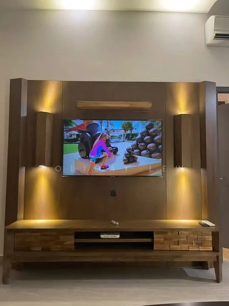 Living features: wooden feature wall with built-in TV, wall-mounted TV, two wall sconces, wooden TV console with storage, light wood flooring, air conditioning unit, decorative elements on console; style: modern.