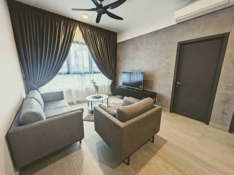 Living features: 2-seater fabric sofa in grey, 3-seater fabric sofa in grey, coffee table, wall-mounted TV, TV console, area rug, floor-to-ceiling windows, blackout curtains, ceiling fan, wall-mounted split AC, decorative plant in vase, textured accent wall in grey, light-colored tile flooring; style: modern.