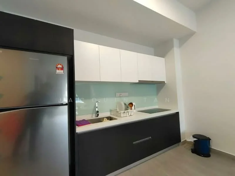 Kitchen features: stainless-steel fridge, white upper cabinets, black lower cabinets, glass backsplash, built-in cooktop, single-bowl stainless-steel sink, chrome pull-down faucet, countertop with integrated sink, grey laminate flooring, kitchen towel holder, dish rack, trash bin; style: modern.