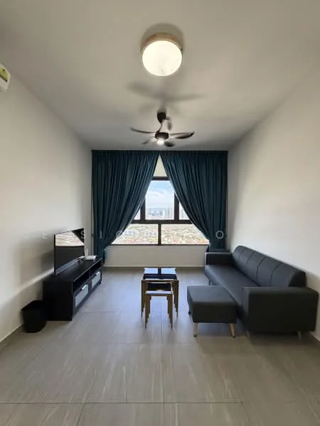 Living features: 3-seater fabric sofa in grey, coffee table, TV console, wall-mounted TV, floor-to-ceiling window, blue curtains, ceiling fan with light, light grey tile flooring, white painted walls; style: modern; view: city.