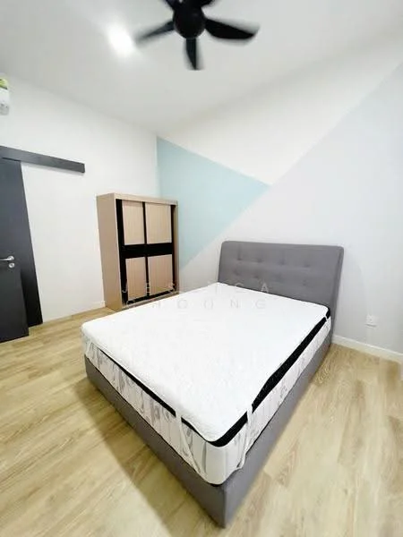 Bedroom features: queen-size bed with upholstered headboard, light wood flooring, white painted walls, accent wall with light blue paint, built-in wardrobe with sliding doors, ceiling fan, window with no visible treatment; style: modern.
