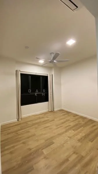 Bedroom features: light wood flooring, white painted walls, 5-blade ceiling fan with light, floor-to-ceiling windows, sheer curtains, recessed downlights; style: modern.