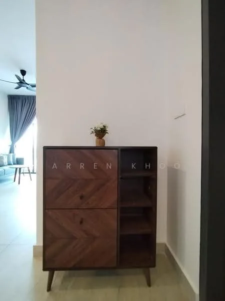 Room features: wooden cabinet with two drawers, open shelving, decorative plant on top, neutral wall colour, light-coloured flooring, ceiling fan, curtains, visible living area in background; style: modern.