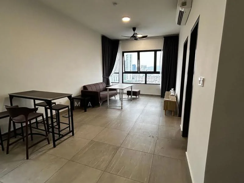 Living features: grey tiled flooring, white painted walls, 5-blade ceiling fan with light, floor-to-ceiling windows, blackout curtains, brown leather sofa, wooden coffee table, 4-seater dining table, high chairs, air conditioning unit; style: modern; view: city.