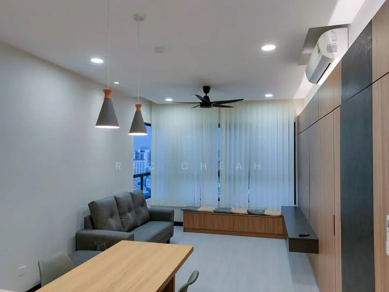 Living features: 3-seater fabric sofa in grey, wooden coffee table, TV console, wall-mounted TV, ceiling fan with integrated light, recessed LED downlights, floor-to-ceiling windows with sheer curtains, wooden feature wall, light wood flooring, air conditioning unit; style: modern; view: city.