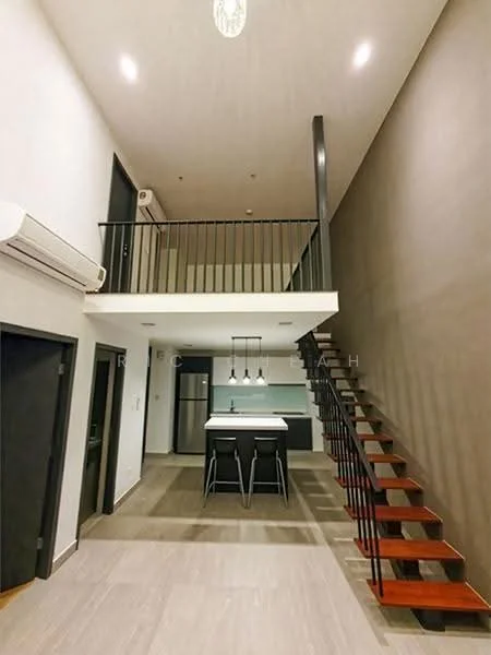 Living features: high ceiling, wooden staircase, open-plan layout, air conditioning unit, recessed lighting, large windows, grey accent wall, light wood flooring, kitchen island with seating, pendant lights above island; style: modern.