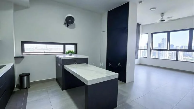 Kitchen features: marble countertop, black cabinetry, single-bowl stainless-steel sink, chrome pull-down faucet, built-in kitchen island, floor-to-ceiling windows, city view, recessed downlights, wall-mounted split AC, ceramic tile flooring, kitchen waste bin; style: modern; view: city.