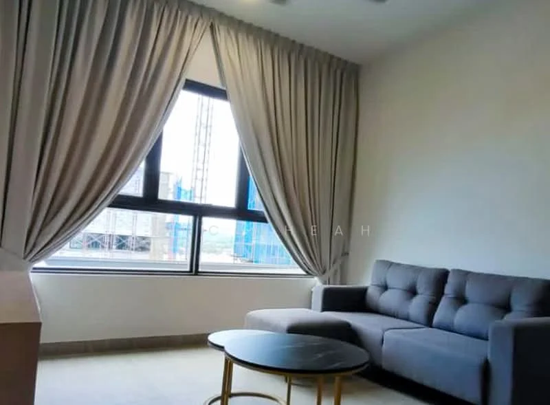 Living features: grey fabric sofa, round black coffee table, floor-to-ceiling windows, sheer curtains, light-coloured walls, tile flooring, recessed downlights, city view; style: modern; view: city.