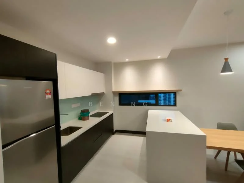 Kitchen features: stainless-steel fridge, double-bowl stainless-steel sink, chrome pull-down faucet, white laminate countertop, black cabinetry, white upper cabinets, pendant light, recessed downlights, open shelving, dining table, green chair, grey tile flooring, window with city view; style: modern; view: city.