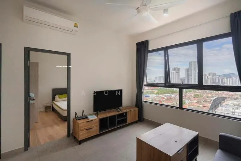 Living features: floor-to-ceiling windows, city skyline view, 3-blade ceiling fan, wall-mounted TV, wooden TV console, coffee table, laminate flooring, light-colored walls, air conditioning unit; style: modern; view: city. Room features: doorway leading to bedroom, visible bed in adjacent room.