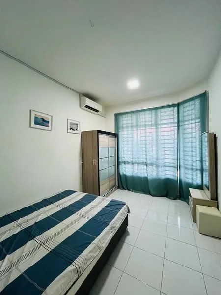 Bedroom features: queen-size bed with striped bedding, built-in wardrobe with sliding doors, floor-to-ceiling windows, curtains in teal color, white painted walls, white tiled flooring, wall-mounted air conditioning unit, TV console, decorative framed artwork on walls, LED ceiling light; style: modern.