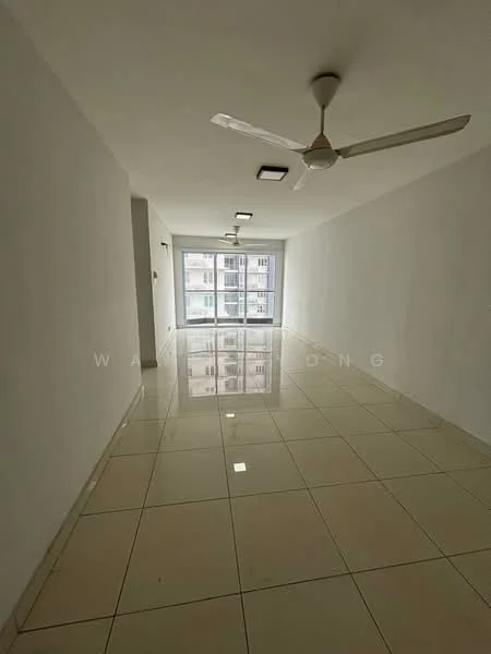 Living features: white painted walls, glossy ceramic tile flooring, 5-blade ceiling fan, recessed LED downlights, floor-to-ceiling windows, natural light from windows, open layout, neutral color palette; style: modern; view: city.