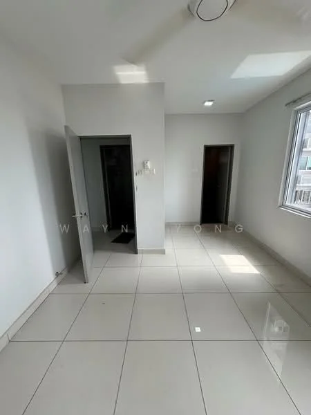 Room features: white painted walls, glossy ceramic tile flooring, ceiling light fixture, window with sheer curtains, doorway leading to another room, doorway leading to bathroom, natural light from window.