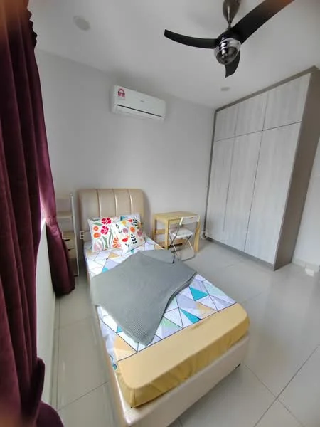 Bedroom features: single bed with beige upholstered headboard, decorative throw pillows with floral pattern, grey throw blanket, wooden study table, chair, built-in wardrobe with sliding doors, wall-mounted split AC unit, white painted walls, grey tiled flooring, ceiling fan with light, curtains in dark purple; style: modern.