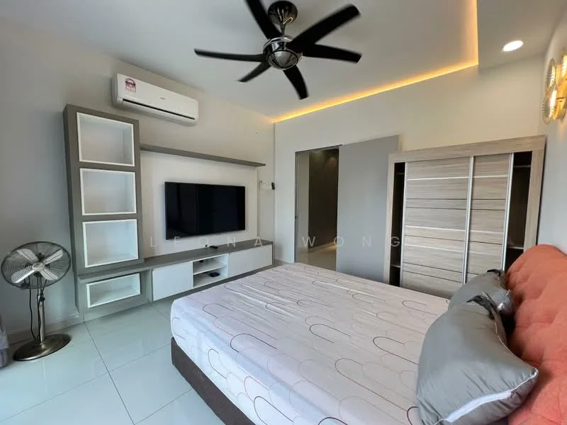Bedroom features: king-size bed, upholstered headboard, bedside lamps, built-in wardrobe, wall-mounted TV, white painted walls, polished tile flooring, 5-blade ceiling fan, wall-mounted air conditioning unit, decorative wall lighting, open shelving unit, sliding door to bathroom; style: modern.