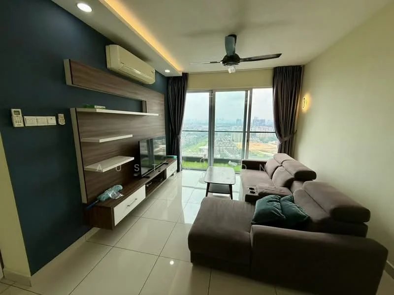 Living features: 3-seater fabric sofa in grey, coffee table, wall-mounted TV, TV console with storage, floor-to-ceiling windows, sliding glass door, curtains, ceiling fan with light, recessed downlights, white painted walls, white tiled flooring, decorative wall panel, view of city skyline; style: modern; view: city.