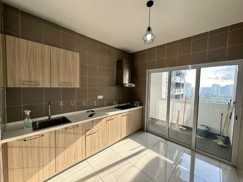 Kitchen features: light wood cabinetry, white countertop, single-bowl stainless-steel sink, chrome pull-down faucet, built-in oven, stainless-steel range hood, ceramic tile flooring, grey tiled backsplash, floor-to-ceiling sliding glass door, recessed downlights, pendant light, window with city view; style: modern; view: city.