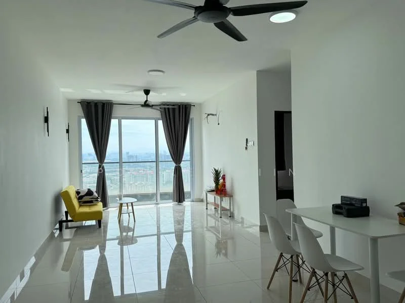 Living features: white painted walls, glossy tile flooring, 5-blade ceiling fan with light, floor-to-ceiling windows, grey curtains, yellow accent chair, small round coffee table, white dining table with chairs, decorative plants, wall-mounted light fixtures; style: modern; view: city.