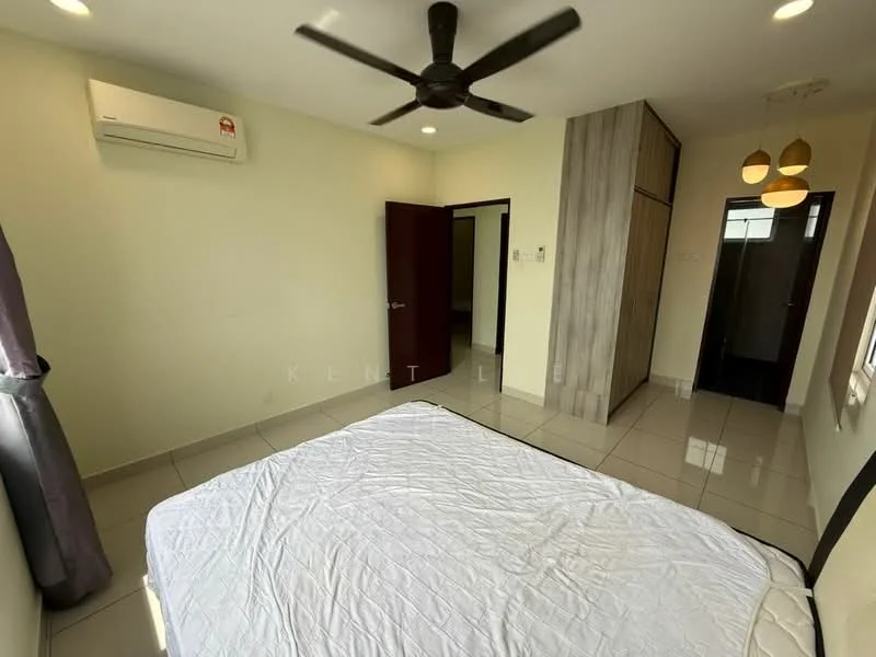 Bedroom features: king-size bed, 5-blade ceiling fan, wall-mounted split AC, white painted walls, glossy tile flooring, built-in wardrobe, window with sheer curtains, pendant lighting; style: modern.