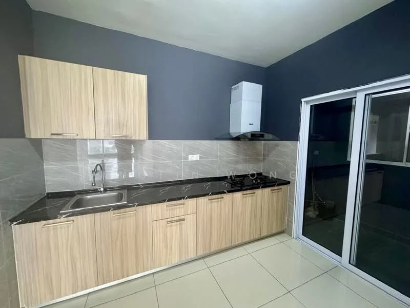 Kitchen features: laminate cabinetry in light wood finish, black granite countertop, single-bowl stainless-steel sink, chrome pull-down faucet, built-in oven, stainless-steel range hood, ceramic tile flooring, grey tiled backsplash, sliding glass door, wall-mounted air conditioning unit; style: modern.