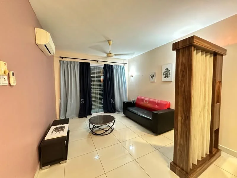 Living features: white tiled flooring, pink painted accent wall, cream painted walls, 5-blade ceiling fan with light, wall-mounted split AC, black leather sofa, round coffee table, floor-to-ceiling windows with sheer curtains, blackout curtains, decorative wall art, wooden partition; style: modern.