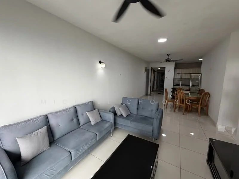 Living features: 3-seater fabric sofa in light grey, 2-seater fabric sofa in light grey, black coffee table, white painted walls, glossy tile flooring, ceiling fan, wall-mounted sconce lighting, area rug; style: modern. Dining features: 6-seater wooden dining table, wooden dining chairs, white painted walls, glossy tile flooring; style: modern.