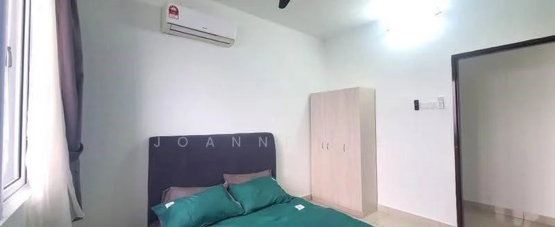 Bedroom features: queen-size bed with dark grey upholstered headboard, green bedding, 1 wall-mounted split AC, light-colored wardrobe, white painted walls, tile flooring, window with sheer curtains, ceiling light fixture; style: modern.