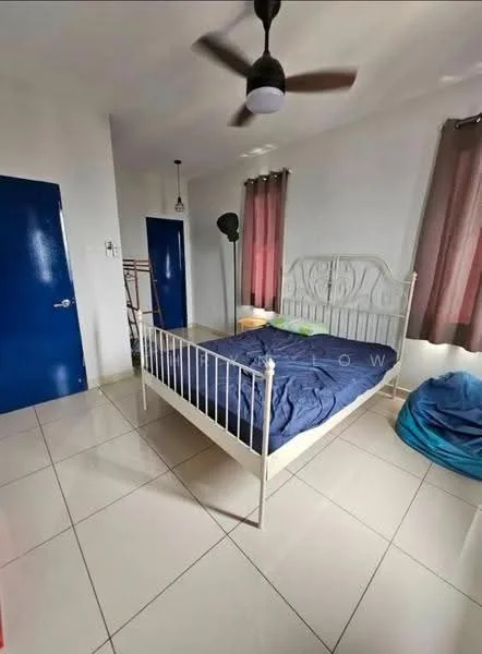 Bedroom features: queen-size bed with white metal frame, blue bedding, 2 sheer curtains in pink, 1 ceiling fan with 3 blades, white painted walls, glossy tile flooring, blue door, standing lamp, bean bag chair, clothes rack; style: modern.
