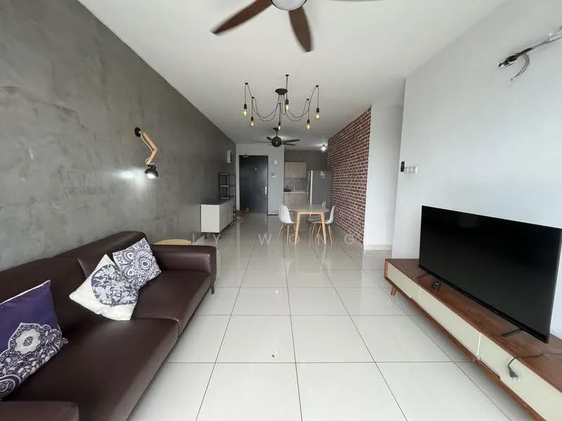 Living features: brown leather sofa, decorative pillows with blue pattern, white tiled flooring, exposed brick wall, grey painted walls, ceiling fan with light, chandelier with multiple bulbs, wall-mounted TV, TV console with storage, open layout to kitchen, large windows for natural light; style: modern.
