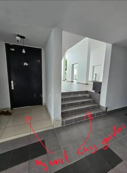 Exterior features: main entrance door, staircase leading to upper level, tiled flooring in grey and beige, light fixture on ceiling, open space with white walls, garden area visible; style: modern.