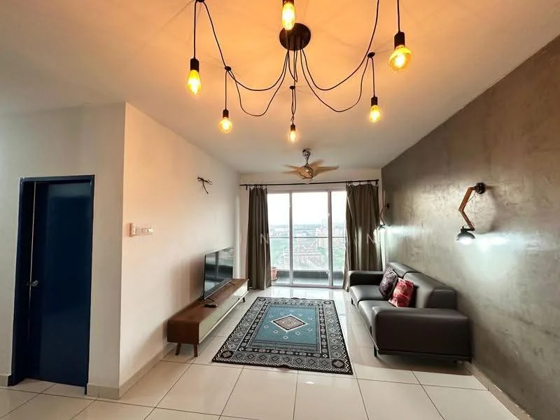 Living features: grey fabric sofa, wooden coffee table, TV console, wall-mounted TV, area rug with geometric pattern, 5-blade ceiling fan, hanging light fixtures with exposed bulbs, floor-to-ceiling windows, curtains, decorative wall sconce, white painted walls, accent wall with textured finish, tile flooring; style: modern; view: city.