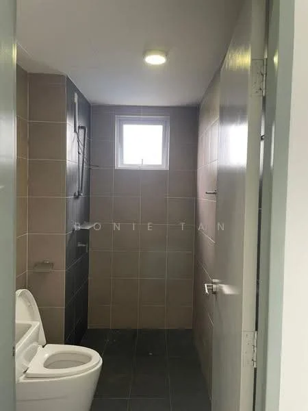 Bathroom features: white toilet, single-sink vanity, chrome basin mixer, framed mirror, shower with glass enclosure, tile cladding on walls, dark tile flooring, window for natural light, wall-mounted towel rack, recessed ceiling light; style: modern.