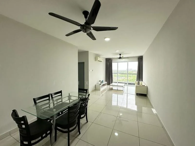Dining features: glass dining table, black dining chairs, white painted walls, polished ceramic tile flooring, 5-blade ceiling fan, floor-to-ceiling windows, curtains, air conditioning unit, natural light, view of greenery; style: modern; view: garden.