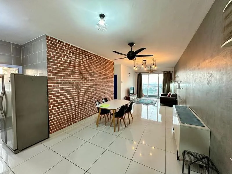 Living features: grey accent wall, exposed brick wall, white painted walls, polished ceramic tile flooring, 5-blade ceiling fan with light, hanging pendant lights, large windows with city view, sofa in dark color, dining table with four chairs, refrigerator in stainless steel; style: modern; view: city.