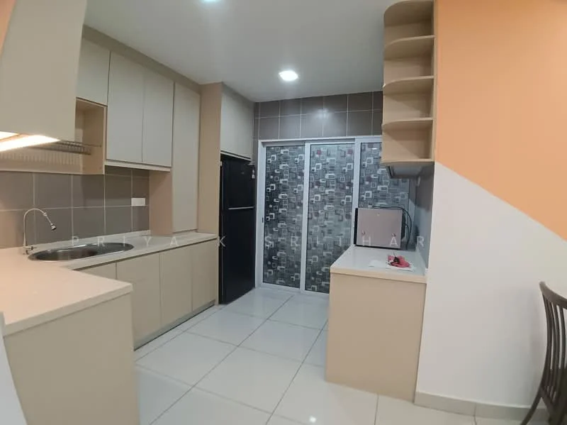 Kitchen features: L-shaped countertop, cream cabinetry, stainless-steel sink, chrome pull-down faucet, built-in oven, black refrigerator, microwave, ceramic tile flooring, grey tiled backsplash, open shelving, under-cabinet lighting, wall-mounted cabinets, glass sliding door pantry; style: modern.