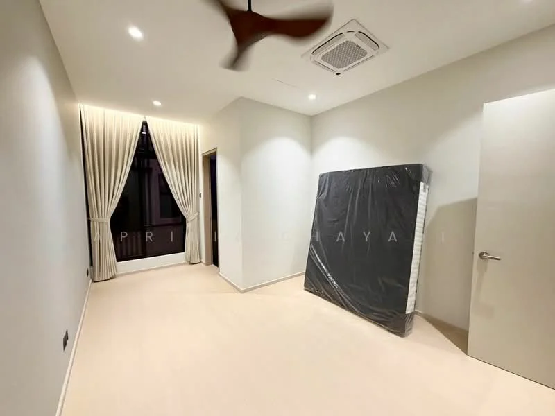 Room features: white painted walls, light wood flooring, ceiling fan, recessed downlights, floor-to-ceiling windows with sheer curtains, door with modern handle, unframed mirror, unmade bed with mattress wrapped in plastic; style: modern; view: city.
