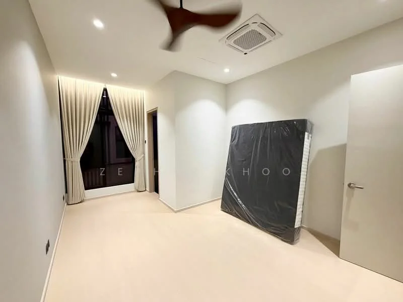 Bedroom features: light wood flooring, white painted walls, ceiling fan, floor-to-ceiling windows with sheer curtains, unmade bed with mattress wrapped in plastic, recessed ceiling lights, door to hallway, neutral color palette; style: modern.