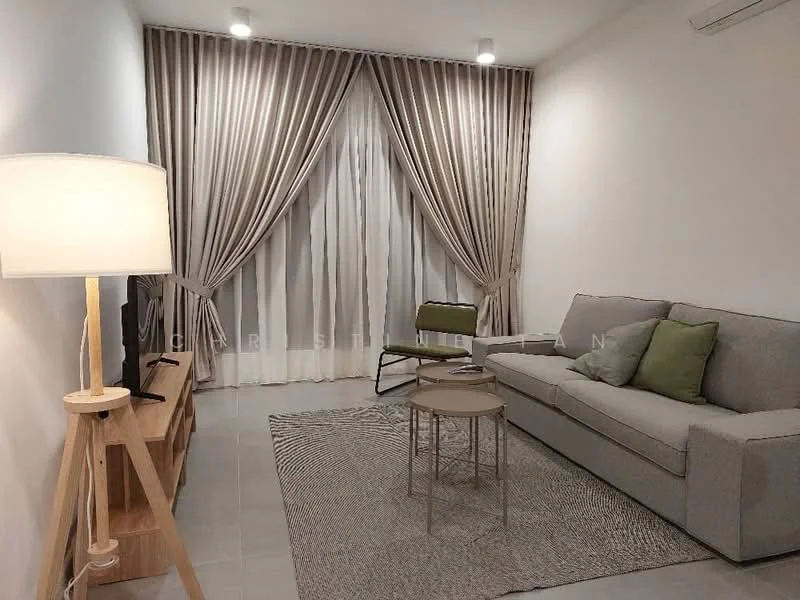 Living features: grey fabric sofa, coffee table, area rug with geometric pattern, floor lamp, curtains with sheer and solid fabric, wall-mounted air conditioning unit, light fixtures with recessed downlights, side chair in green, TV console, neutral painted walls, tile flooring; style: modern.