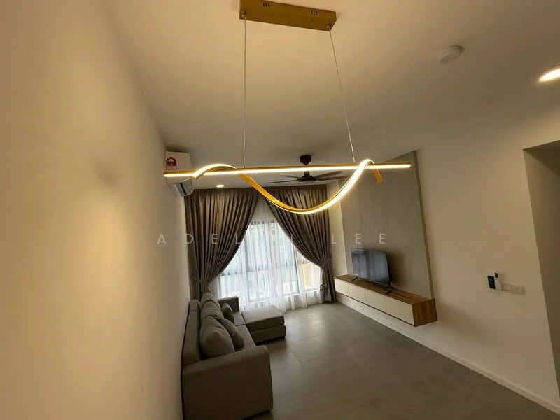 Living features: 3-seater fabric sofa in grey, wall-mounted TV, TV console with storage, large window with sheer curtains, recessed downlights, modern pendant light fixture, air conditioning unit, light grey tiled flooring, feature wall with textured finish, decorative wall paneling; style: modern.